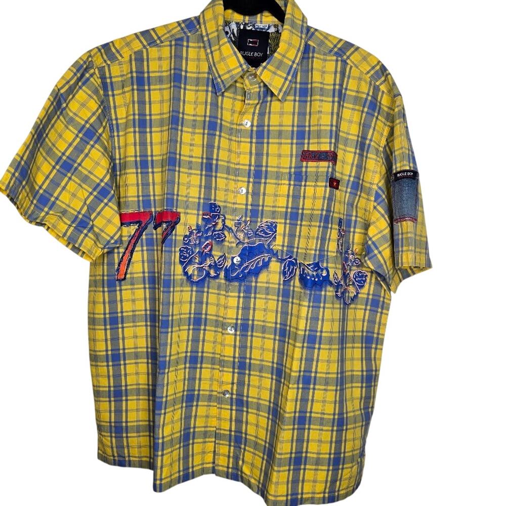 Vintage Bugle Boy Y2K Madras‎ Plaid Button Up Short Sleeve Hawaiian Shirt Size L